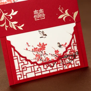 Rdeče Kitajske tradicionalne Poročno Vabilo sim z Dvojno Srečo Lasersko Rezanje Poročno Vabilo Meri kartico
