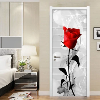Rdeče Rose Cvet Ustvarjalne DIY samolepilne Vrata Nalepke, Dnevna Soba, Spalnica, Kopalnica, Vrata Dekoracijo PVC Nepremočljiva Steno stensko