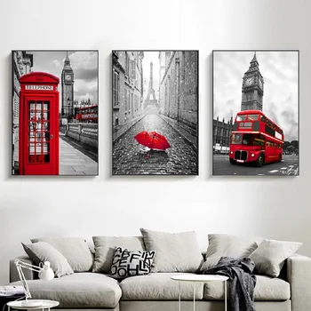Rdeči Avtobus Črna Bela Parizu, Londonu, Plakatov in Fotografij Platna Slike Telefonske Govorilnice Umetnosti Stenske Slike za Dnevna Soba Dekor