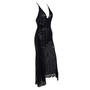 Rosetic Črno Poletje Oblačenja Žensk Sequined Elegantno Asimetrični Plus Velikost Midi Obleke Večer Gothic Povoj Seksi Stranka Obleko