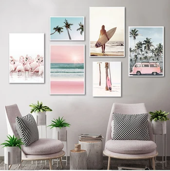 Roza Plaži Flamingo Palme Desko Wall Art Platno Slikarstvo Nordijska Plakatov In Fotografij Stenske Slike Za Dnevna Soba Dekor