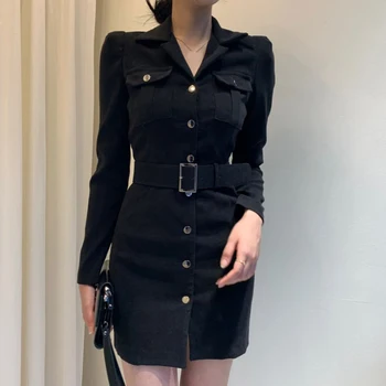 Sashes Majica Dolg Rokav Obleka Gumb Mini Seksi Črna Urad Roza Korejski Kratka Modra Harajuku Kleider Damen Jeseni Leta 2020 Pozimi