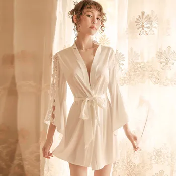 Seksi More Žensk Sleepwear Seksi Satenast Kimono Jutranje Babydoll Vezenje Perilo Pasu Kopalni Plašč Nightgown Beli Plašč
