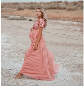 Seksi Sequins Čipke Proti-Vrat roza Porodniškega Obleke Za Fotografijo Ustrelil Noseča Ženska obleke Obleke Dolgo-dolžina Fotografija Rekviziti