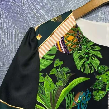 SEQINYY Siciliji Mini Obleka za Poletje Pomlad Novo Modno Oblikovanje Ženske Letnik Zelenih Palmovih Listov Tiskanje Beading Visoke Kakovosti
