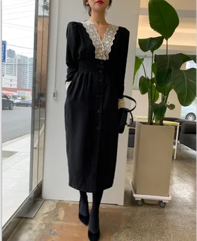 SHIJIA 2020 Novi Elegantni Proti-vrat Ženska Obleka Jeseni poln rokav čipke elastični pas slim black vestido obleka ženska moda korejski
