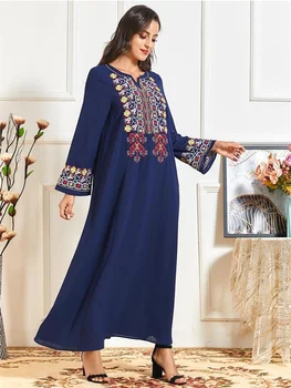 Siskakia Elegantno Etnične Vezenino Maxi Obleko Jeseni Leta 2020 O Vratu Dolg Rokav Svoboden Muslimanski Turčiji Arabski Dubaj Obleke, Ženske