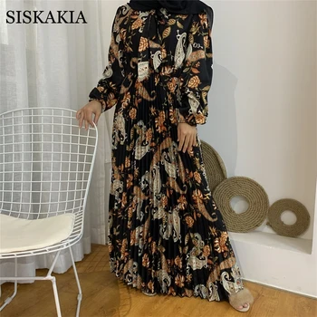 Siskakia Maxi obleke za Ženske Modni Etnične Tiskanja Lok Kravato V Vratu Dolg Rokav Naguban Swing Muslimanski Turčiji arabski Oblačila Jeseni