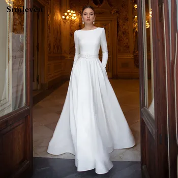 Smileven Elegantno Saten Poročne Obleke z Dolgimi Rokavi Čipke Poročne Halje Muslimanskih Poročni Obleki Zajeti Nazaj Vestido de novia 2021