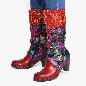 SOCOFY Retro Akvarel, Reliefno Okrašena Sponke Traku Elegantne Mehke Sredi Tele Visoke Pete, Škornji, Čevlji za Ženske Čevlje Botas Mujer 2020