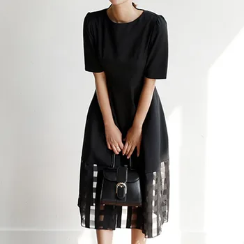 Solid Black Ženske, Korejski, Japonski A-Line Vintage Obleko Urad Gospe Kratek Rokav Visoko Pasu, Sredi Tele Poletje Obleko Vestidos