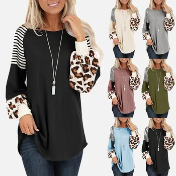 Spomladi Dolgo Luč Rokavi Ženske majice O-Vratu Leopard prugasta Tiskanja Ženski zgornji deli oblačil 2021 Priložnostne Svoboden Mozaik Dame T-shirt