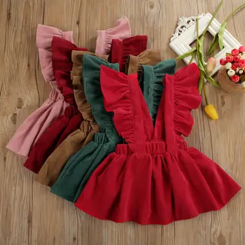 Srčkan Baby Toddler Dekleta Oblačenja 1-6Y Ruffles brez Rokavov Velvet Koleno Dolžina A-Line Obleko Zimske Obleke