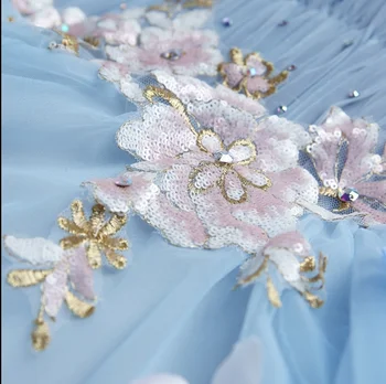 SSYFashion Sladko Light Blue Flower Fairy Maturantski Ples Princesa Obleko Pregleden Dolge Rokave Sequined Stranka Žogo Obleke Haljo De Soiree