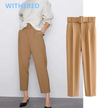 Suho anglija slog preprost multicolor sashes visoko pasu redno hlače ženske pantalones mujer pantalon femme hlače ženske