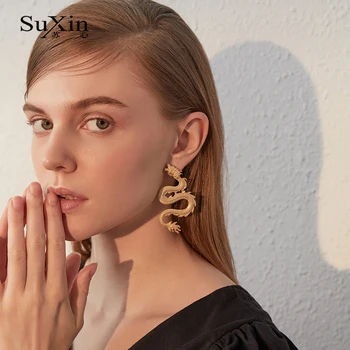 SuXin uhani 2020 novo preprosti zlati zmaj-oblikovan temperament uhani za ženske dolgo zlitine uhani nakit darilo