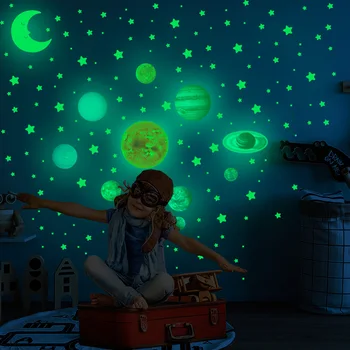 Svetlobna Stenske Nalepke Solarni Sistem Devet Planetov, otroška Soba Dekoracijo Doma Zvezde in Luna Fluorescentna Nalepka 525pcs