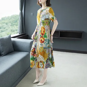 Svilena obleka ženska poletje novi retro O-vratu tiskanja kratka sleeved obleko velikosti M-4XL visoka kakovost, elegantna počitnice plaže vestidos