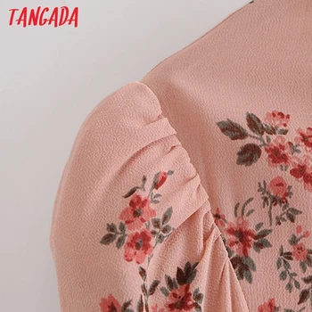 Tangada 2021 Moda za Ženske Roza Ruffles Tiskanja Cvetovi Obleko z Dolgimi Rokavi Urad Ženske Mini Obleka 6M04