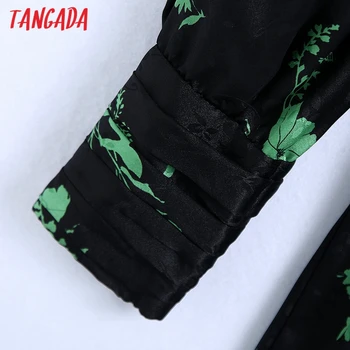 Tangada 2021 Ženske Zeleno Cvetje Obleko Naguban Vrat z Pasu Dolg Rokav Dame Letnik Mini Obleka BE311