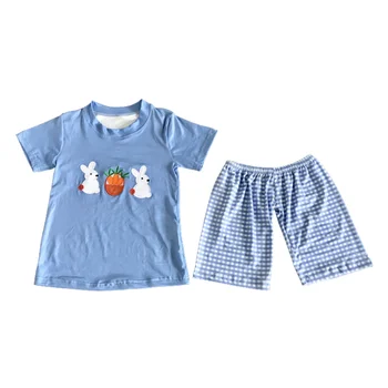 Top prodajne otroška oblačila dečke otroškega mleka svile, prahu blue zajec kratek rokav s kratke Hlače Komplet 20