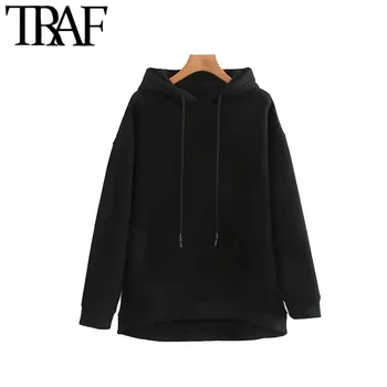 TRAF Ženske Vintage Stilom Prevelik Trdna Sweatshirts Moda Nastavljiv Long Sleeve Hooded Svoboden Ženski Puloverji Elegantna Vrhovi