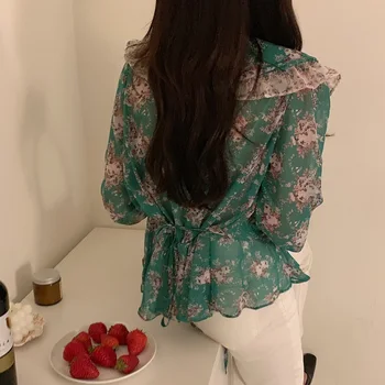 Tujec Kitty Šifon Bluze za Ženske do leta 2020 Poletje korejskem Slogu Letnik Zeleno Cvetno Ogrlicom Čipke GOR Pas Proti-vrat Vrhovi Majica Femme