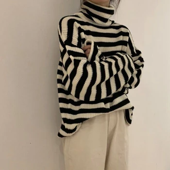 Turtleneck prugasta plesti pulover Harajuku pozimi letnik ženske novo zadebelitev svoboden topel pulover