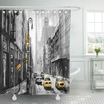 Tuš Zavesa s Kavlji Oljna slika na Platnu Street View New York Ženska Pod Okriljem Rumeni Taksi Sodobne Kopalnice