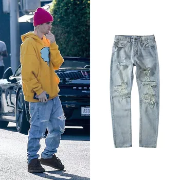 Ulične Oprati Uničeno Jean za Moške Modra Ripped Kavbojke Justin Bieber Hip Hop Luknjo Traper Hlače Moški Evropi, Ameriki Moda