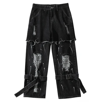 UNCLEDONJM Rastlinske šivanje traku ripped kavbojke Stiski hip hop moške jeans ulične ženske 2021 biker jeans B611