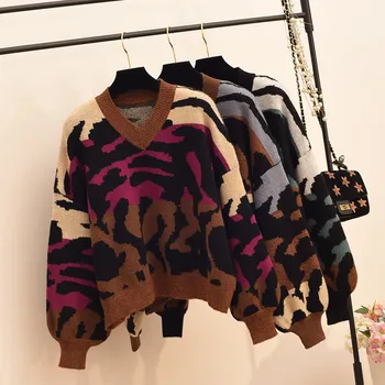 V jeseni in pozimi nositi Pulover languid retro slogu Hong Kong Slog Proti-vrat leopard, tiskanje pletenih dno majica
