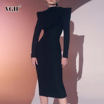 VGH Seksi Slim Obleko Za Ženske O Vratu Puff Dolg Rokav Visoko Pasu Elegantno Črno Midi Obleke Ženska Moda Novih Oblačil 2020 Tide