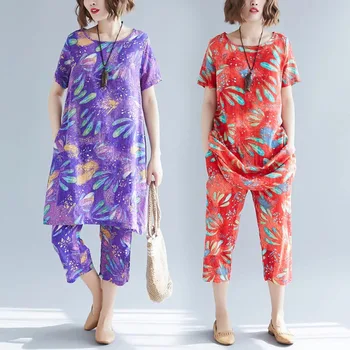 Vintage cvetlični plus velikost 2 dve delni set ženske priložnostne svoboden midi poletje obleko elegantna oblačila 2021 ženske obleke, hlače sundress
