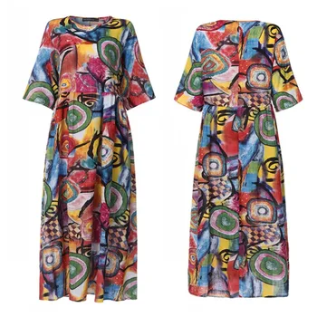 Vintage Natisnjeni Maxi Obleka Ženske Poletje Sundress ZANZEA 2021 Priložnostne 3/4 Rokav Tunika Vestidos Ženski Naguban Plašč Plus Velikost