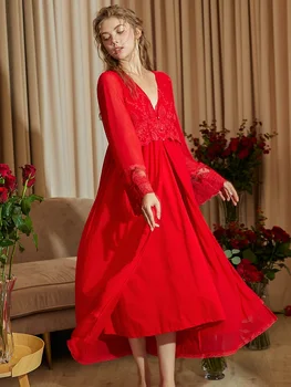 Vintage Rdeče Barve Žensk 2 Kosa Haljo Določa Dolg Rokav Royal Vezenine, Čipke Seksi More Nevesta Poročni Spanja Oblačilih
