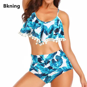 Visoko Pasu Bikini 2021 Tankini Ruffle Kopalke Lady Dva Kosa, Plavanje Obleko za Kopanje Stripless Povoj Tropskih Velikosti 3XL