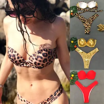 Vroče Dame Oblazinjeni Bikini Komplet Leopard Push-up Kopalke Ženske Povoj Kopalke Visoko Pasu Dekle kopalke Off Ramenski Plažo