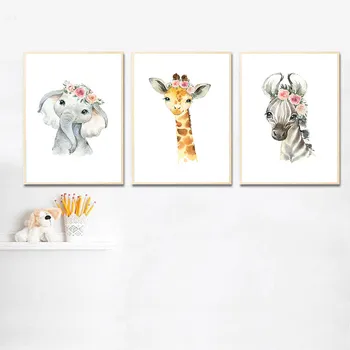 Vrtec Platno Wall Art Tisk Nordijska Baby Slon, Lev Plakat Cvetlični Živali Slikarstvo Otroci Otrok Spalnica Dekoracijo Sliko
