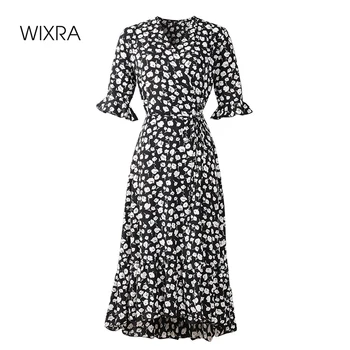 Wixra Ženska Obleke, Elegantne V Vratu Šifon Ruffles Cvjetnim Tiskanja Kratek Rokav Mid-Tele 2020 Poletje