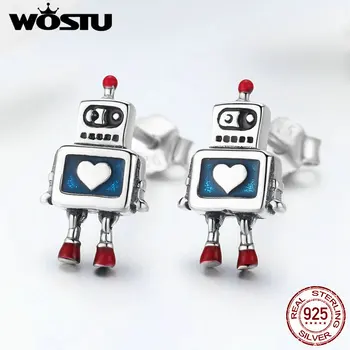 WOSTU Nov Modni 925 Sterling Silver Blue Srce Robot Stud Uhani za Ženske Original Lepe Nakit Trgovini Darilo FIE477