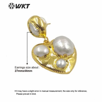 WT-MPE019 Srčkan naravnih sladkovodnih biserne uhane srce oblika biser z zlato prevleko uhan ženska moda biserne uhane dragulj darilo