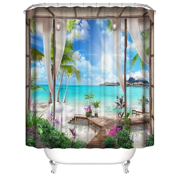 YIMING 180x180 nepremočljiva tuš zavesa nastavite obmorskih plaži okno kulise natisnjeni kopalnica non-slip preproga wc blazine set