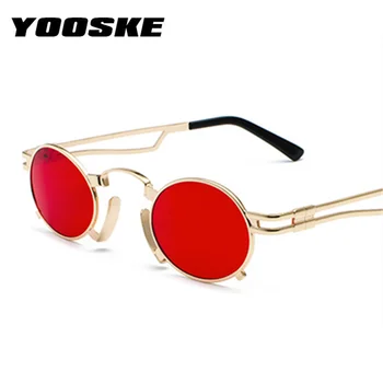 YOOSKE Ovalne sončna Očala Ženske Letnik Steampunk sončna Očala Metal Punk Očala blagovne Znamke Oblikovalec Rdeča Očala Retro Ogledalo UV400