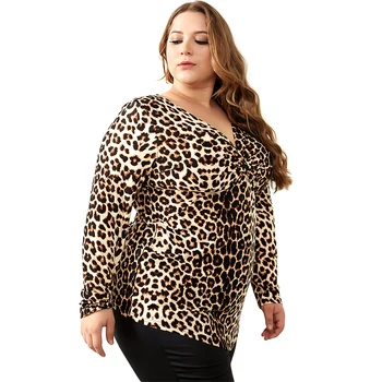 YTL Plus Velikost Bluze za Ženske Leopard Seksi Globoko V Vratu Dolg Rokav Slim Tunika Vrh Velikosti Bluze za Ženske 5XL 6XL 7XL H088