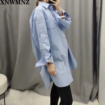 Za vrh 2020 Moda za Ženske Denim Blue Bluzo Jeseni River Vratu Majice z Dolgimi Rokavi Priložnostne Gumbi Blusas Femininas Delo Vrhovi Tunika