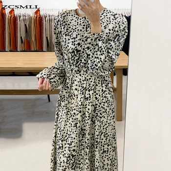 ZCSMLL korejski Retro Chic francoski Krog Vratu Slim Design Naguban Pasu Leopard Tiskanja Cvetlični Šifon Obleko Ženski