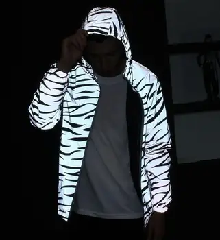 Zebra fluorescentna oblačila Vrhnja suknjič priložnostne hiphop windbreaker 3m odsevni jopič plime Spolne plašč hooded
