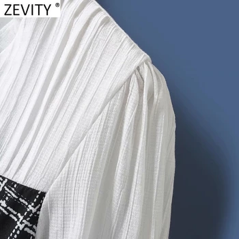 Zevity Novo 2021 Ženske Letnik Agaric Čipke Mozaik Kariran Naravnost Obleko Ženski francoski Stil Zapenjanje Priložnostne Slim Vestido DS4978