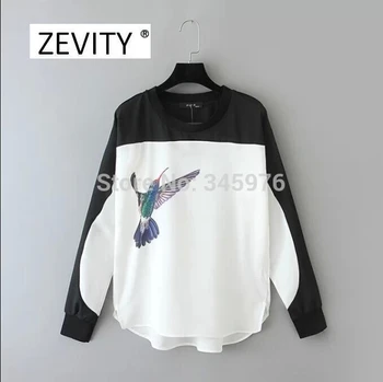 Zevity ženske priložnostne okrogle ovratnik črno-bel mozaik bluzo retro ptic tiskanja puloverju poceni majica blusas